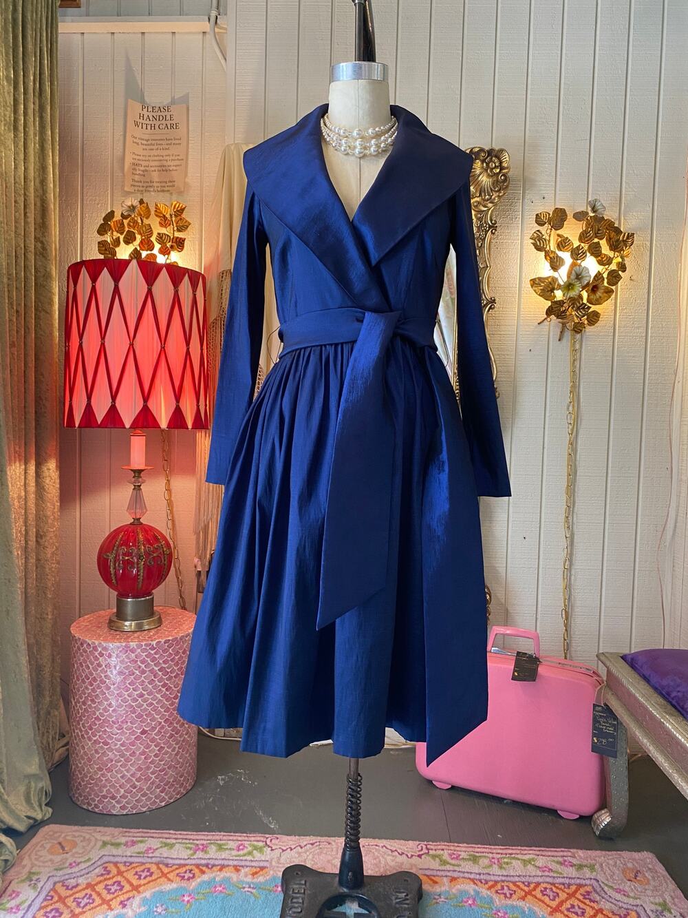 vintage navy taffeta fit and flare dress by Tahari, shawl collar, wrap tie waist